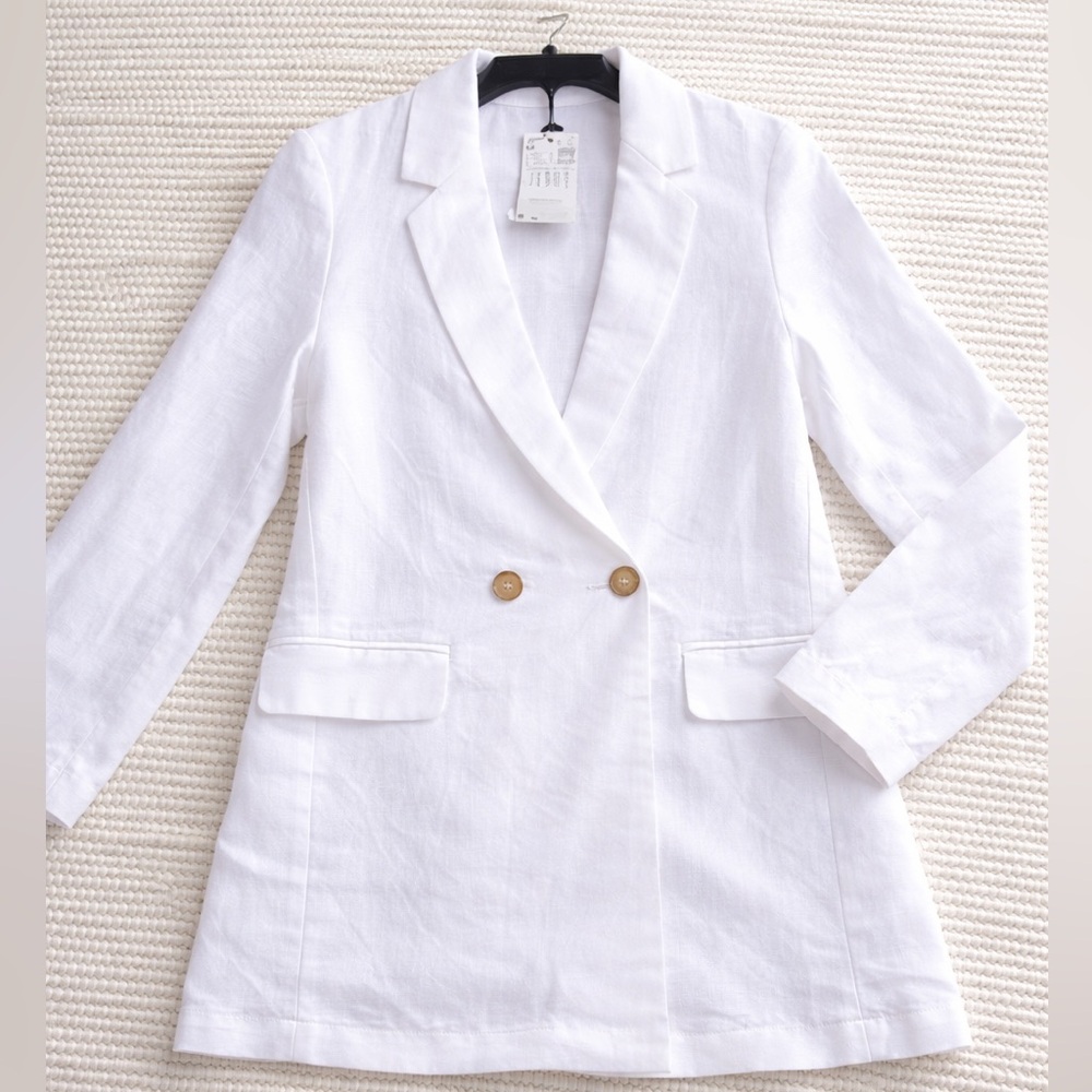 White Linen Blend Blazer XS NWT Lightweight Double Button Jacket